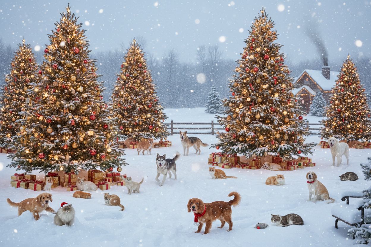 winter outside Christmas trees with dogs and cats evrywhere